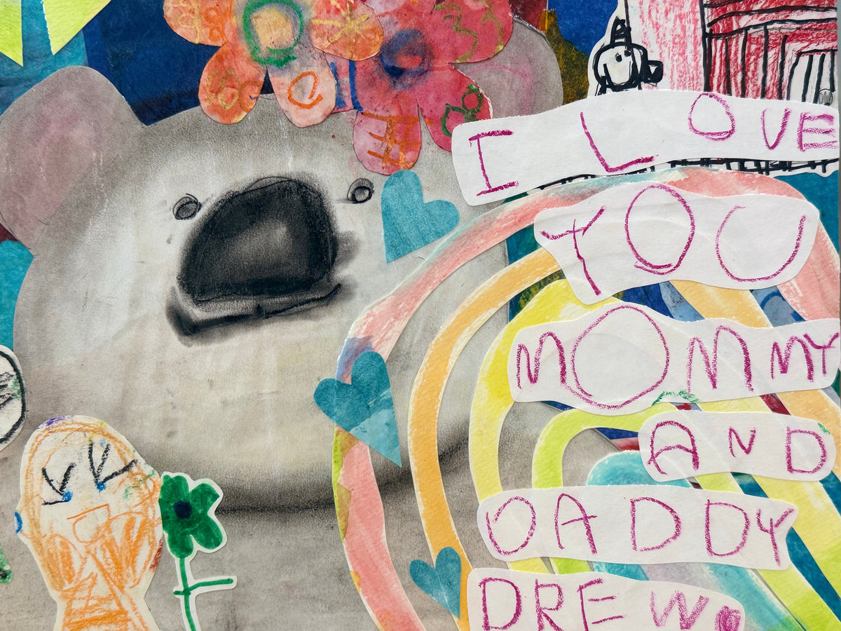 Close-up of a custom Pippy + Funk collage: a child's "I love you Mommy and Daddy" letter in pink crayon, layered with a charcoal koala drawing, a watercolor rainbow, and paper-cut flowers.