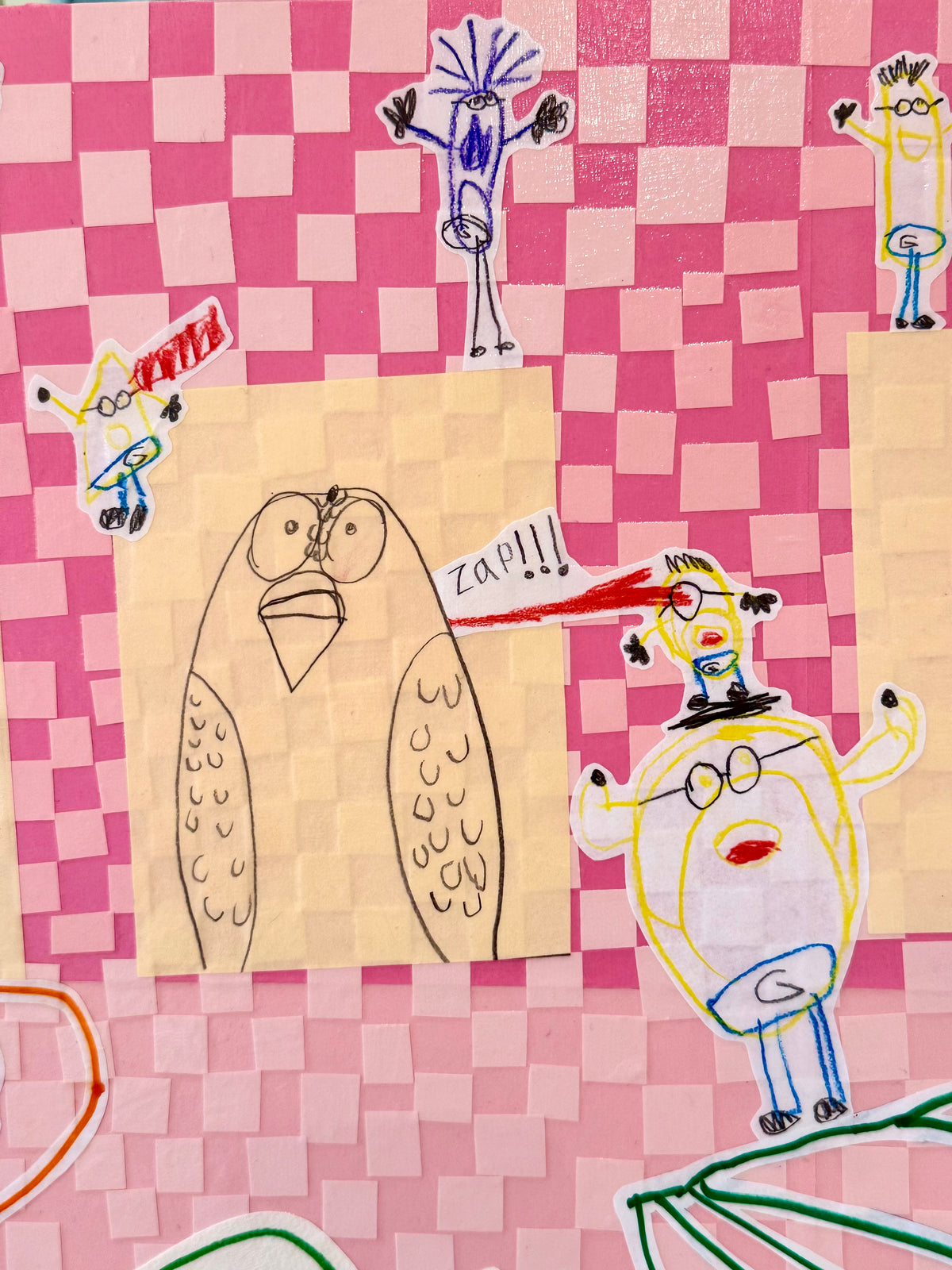 Close-up of a custom Pippy + Funk collage: an owl drawing and a bright "ZAP!!!" character composed on a pink checkered paper background.