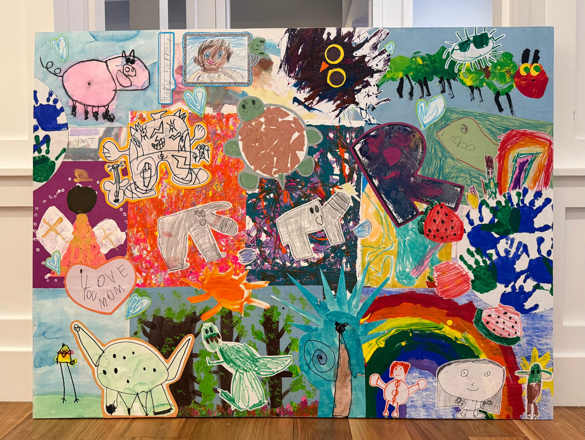 A finished custom collage of a child's artwork: handprints, animals, a rainbow, and bold colors across a cradled basswood panel.