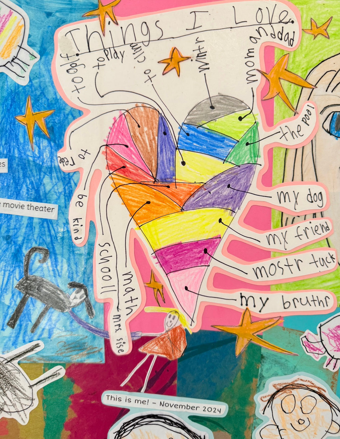 Close-up of a custom Pippy + Funk collage built around a "Things I Love" page: a striped heart labeled mom and dad, the pool, my dog, my friend, my brother, school, math.