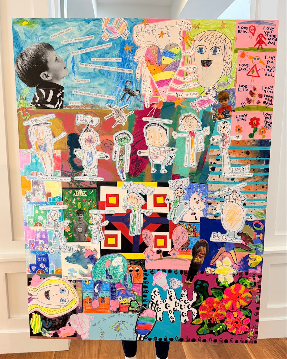 A finished custom collage leaning against a wall: a kid's drawings in bright colors on a basswood panel, with a pink, red, and green patchwork of artwork across the top.