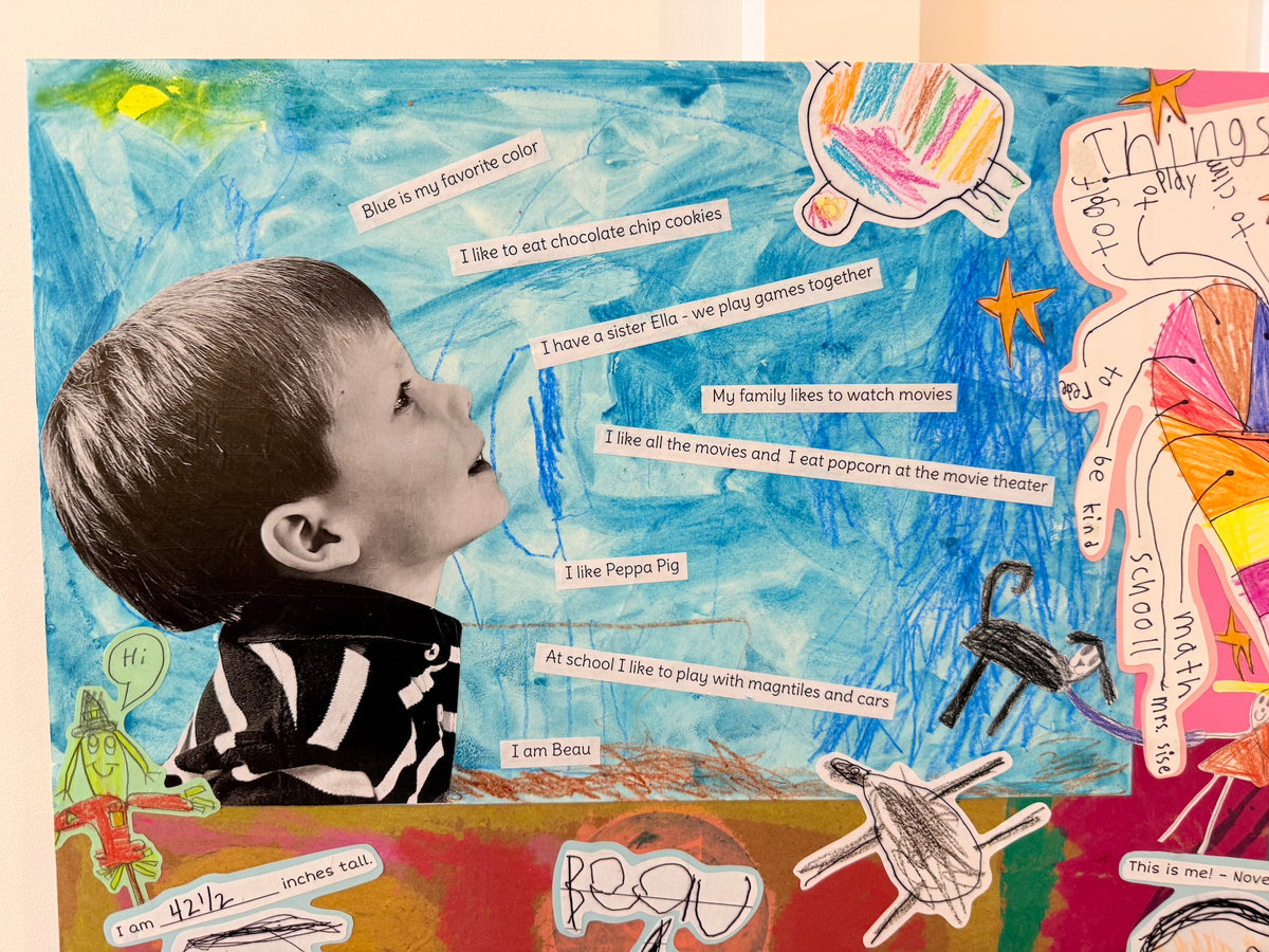 Close-up of a custom collage: a black-and-white photo of a boy looking up at his own drawings and handwritten notes on a blue watercolor ground.