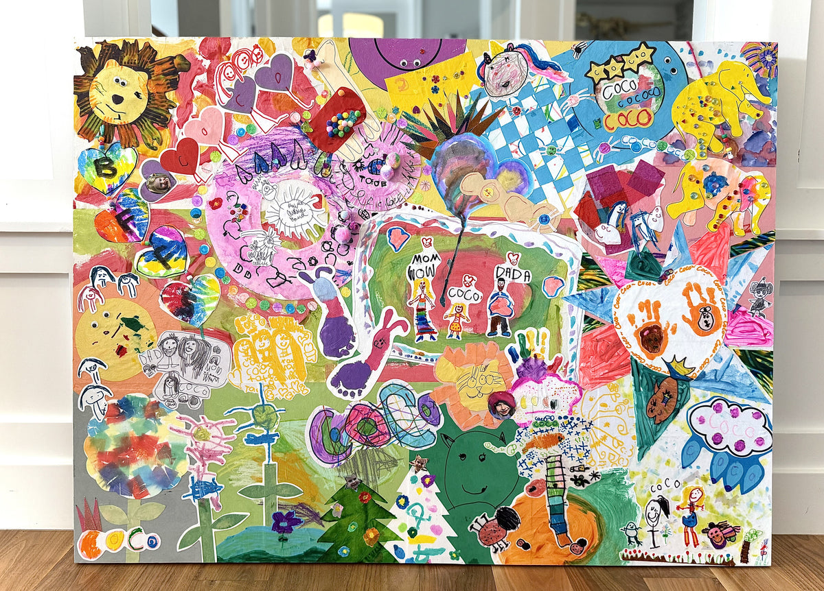 Finished collage of a kid's artwork on a basswood panel, straight on
