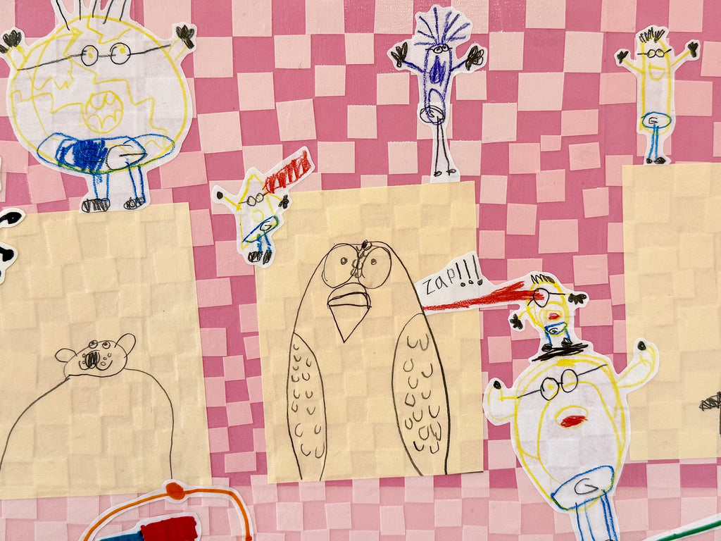 Close-up of a collage: pencil drawings on a pink checkered background
