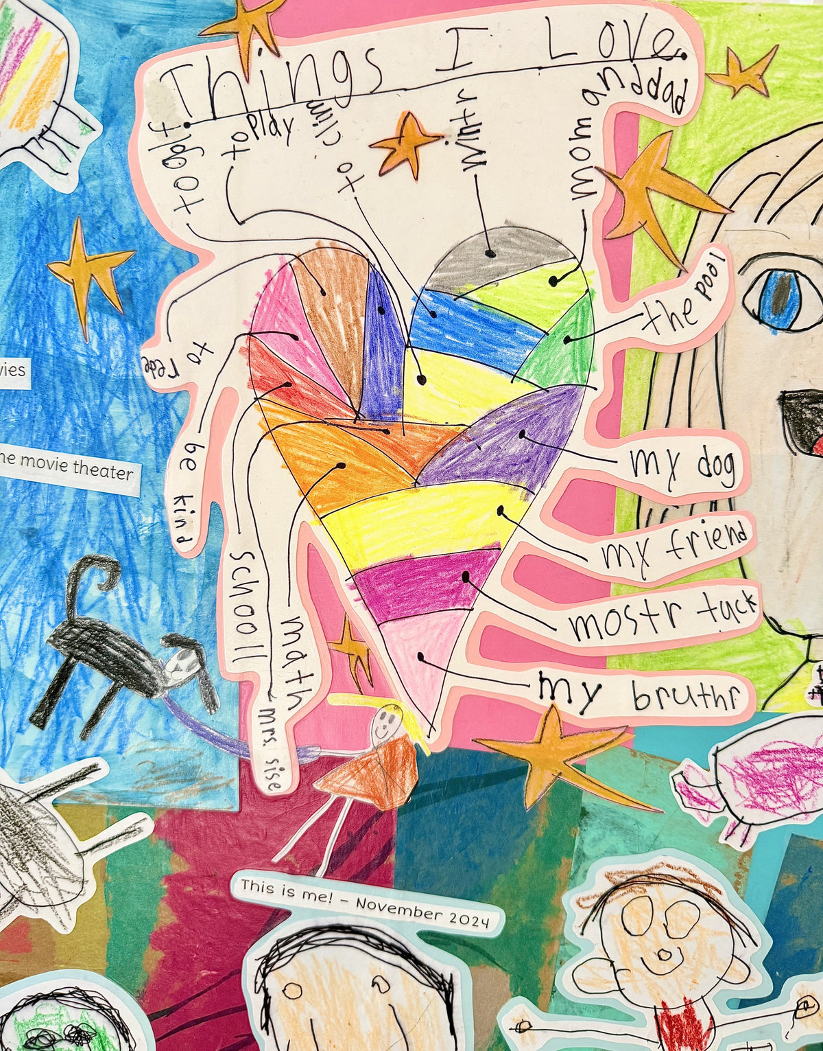 Close-up of a collage with a Things I Love list in kid handwriting