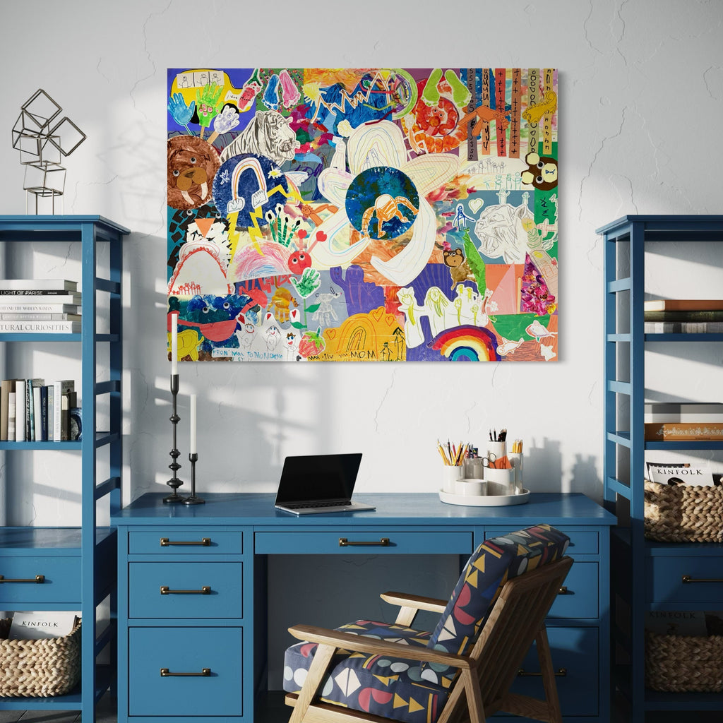 Large collage hung above a desk
