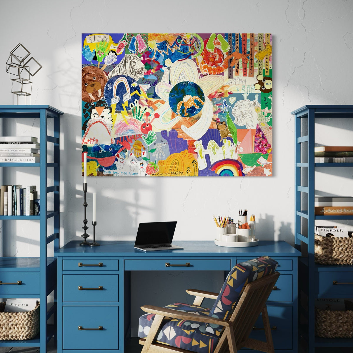 Large collage hung above a desk