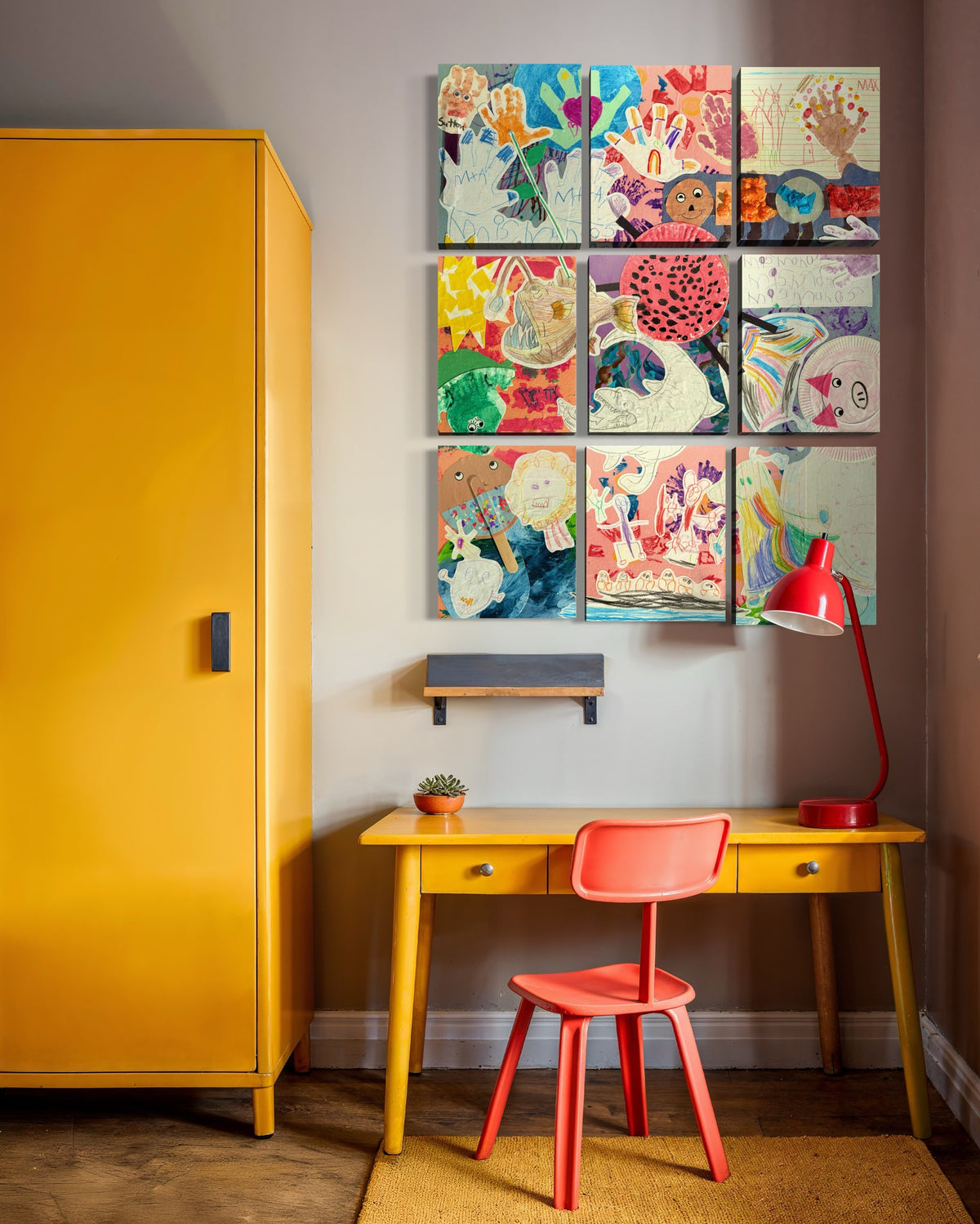 Multi-panel collage grid hung above a kid's desk