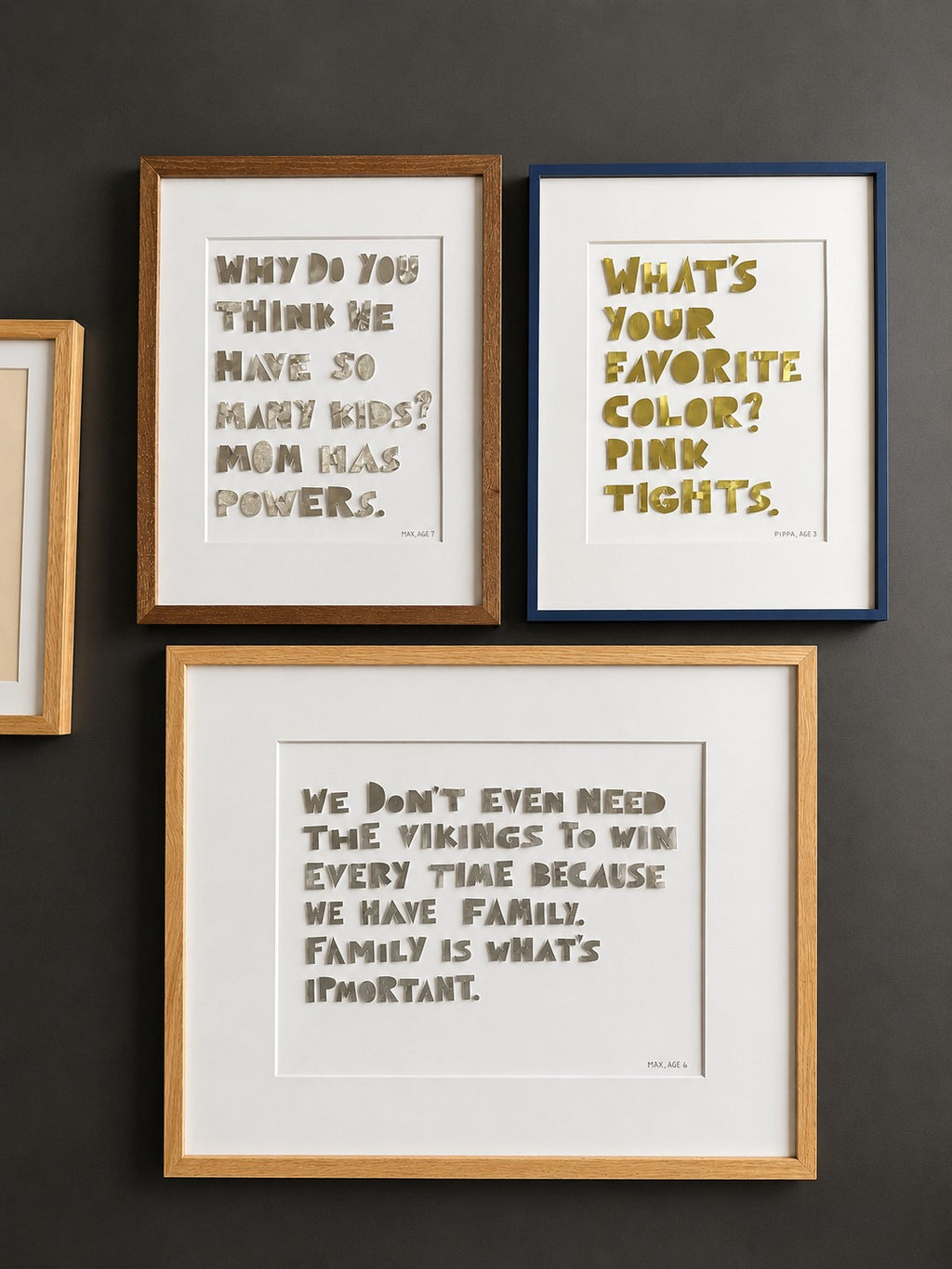 Three framed quote pieces grouped against a dark background
